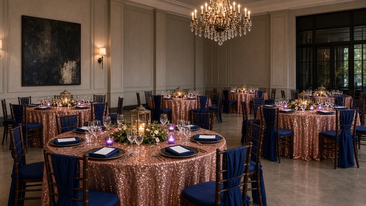 Formal round-table banquet with rose-gold linens and candle centerpieces