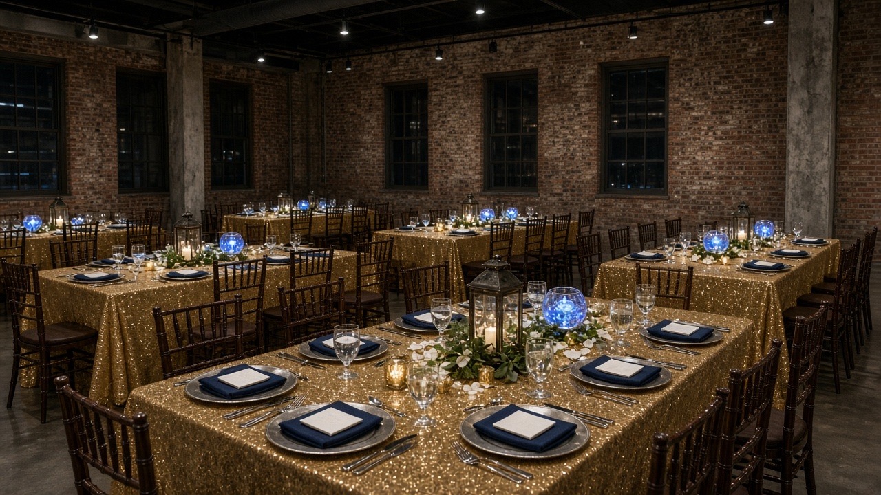 Long banquet tables with gold sequin linens in a brick-walled hall