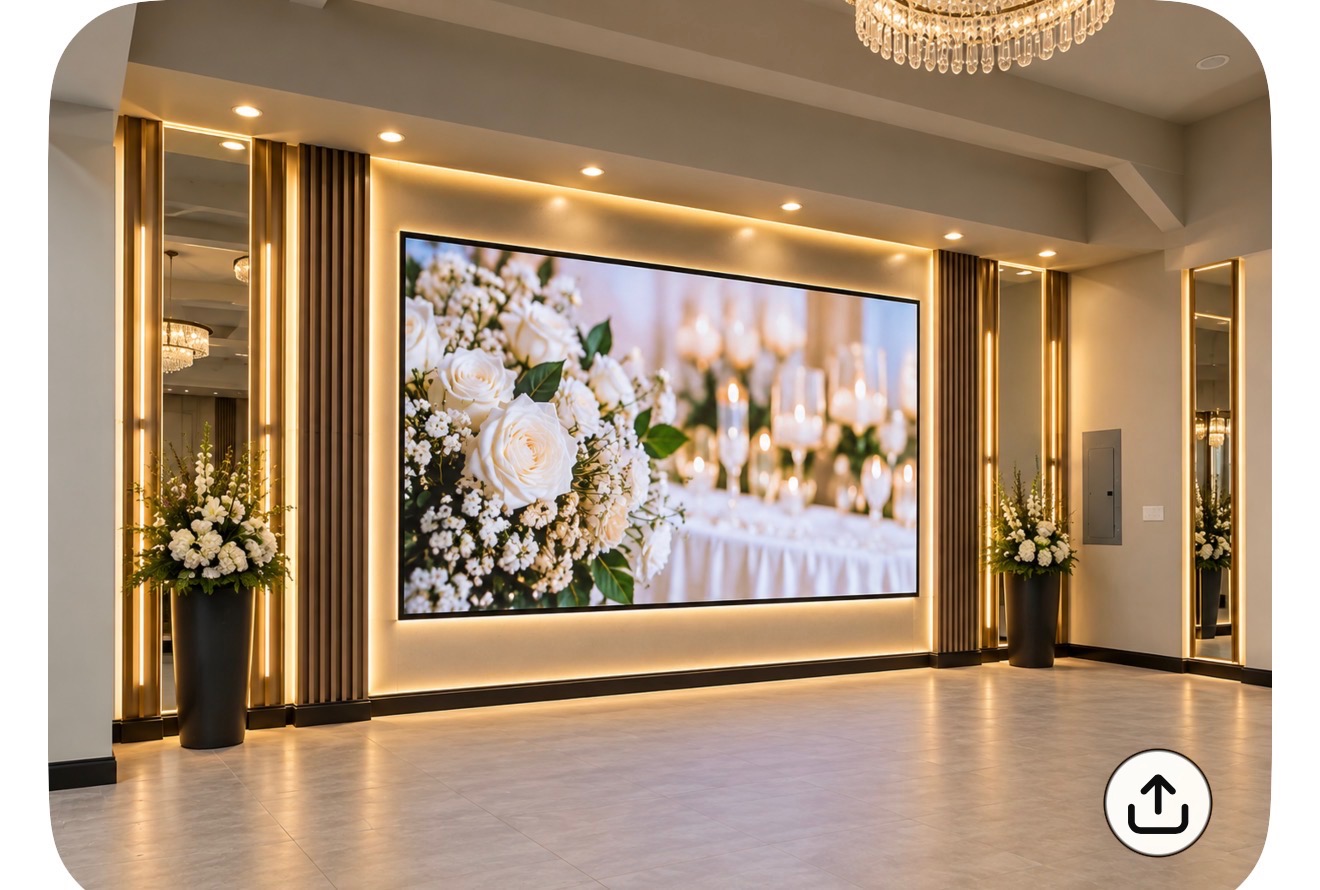 Lobby with large digital display and floral arrangements